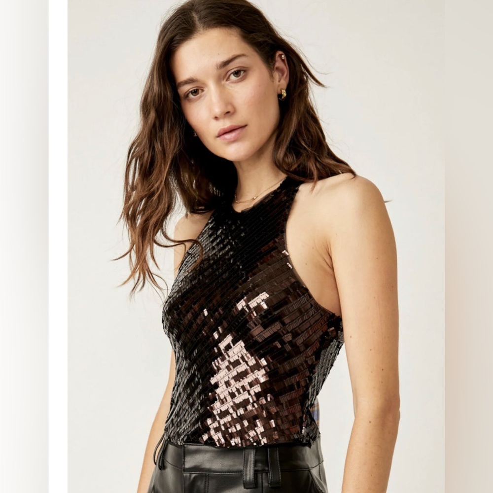 Free People intimately free disco fever black sequin sash neck tie top size S - Picture 7 of 8